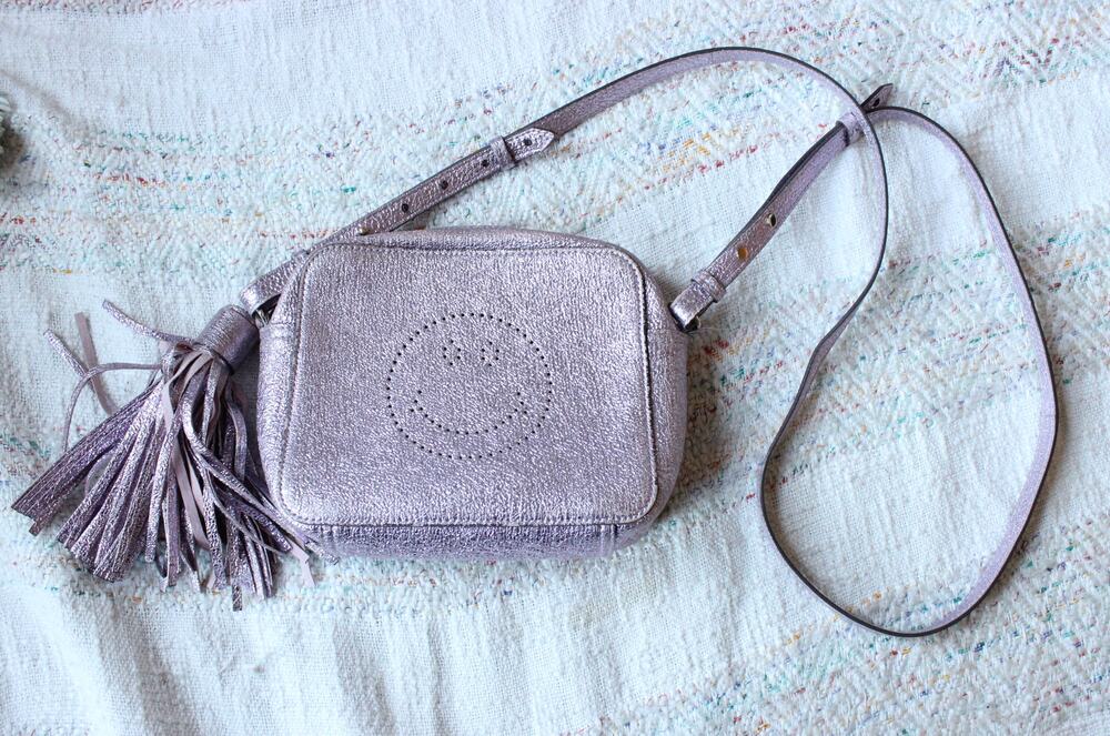 Anya Hindmarch Pink Metallic Glitter Smiley Face Tassel Crossbody Purse